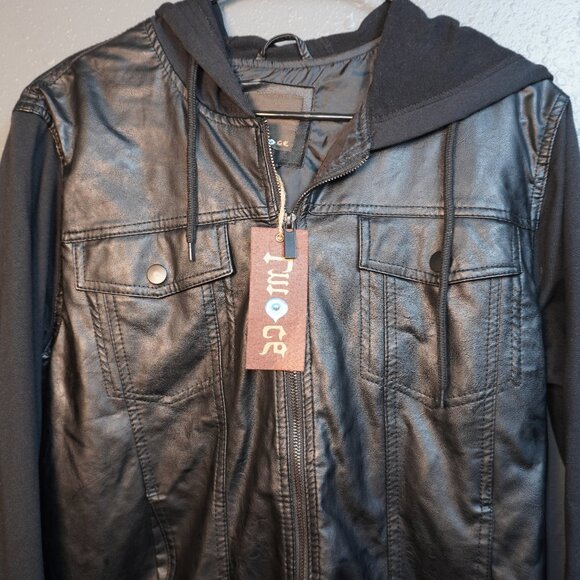 Twoce Womens New With Tag Faux Leather Hooded Zip Up Jacket Black Size Large - Picture 3 of 5
